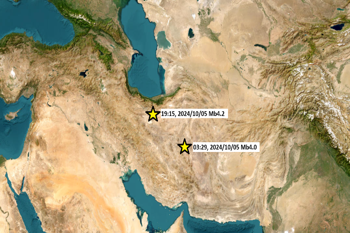 Locations of seismic events in Iran on 5 October